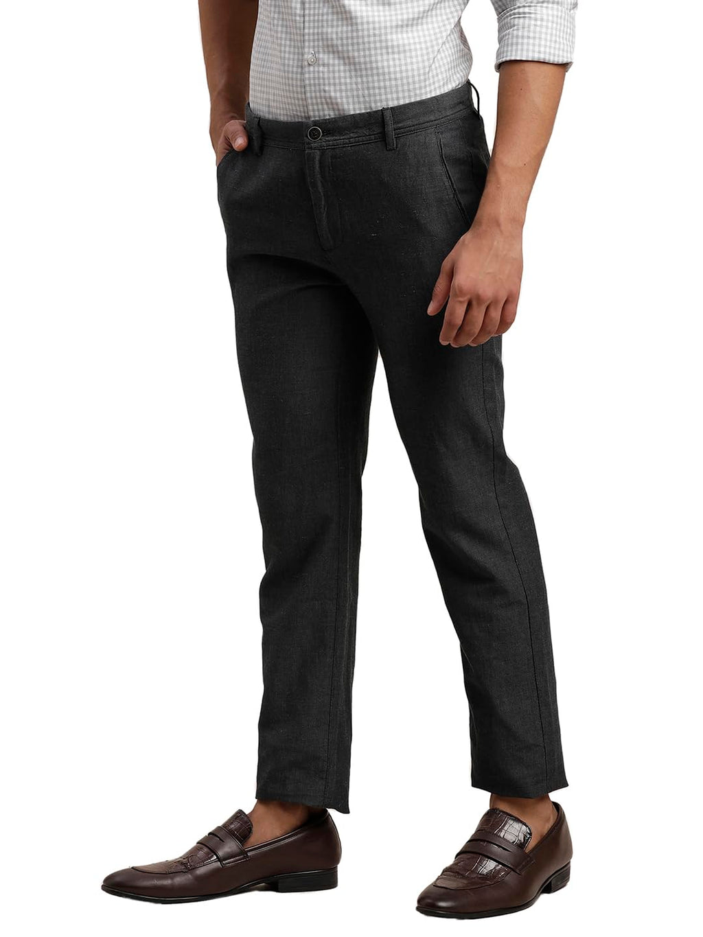 Turtle Men Pure Linen Ultra Slim Fit Solid Grey Casual Trouser