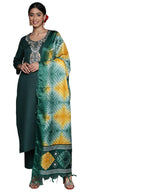 Varanga Women Green Yoke Embroidered Three Quater Sleeves Kurta Paired With Tonal Bottom And Printed Dupatta