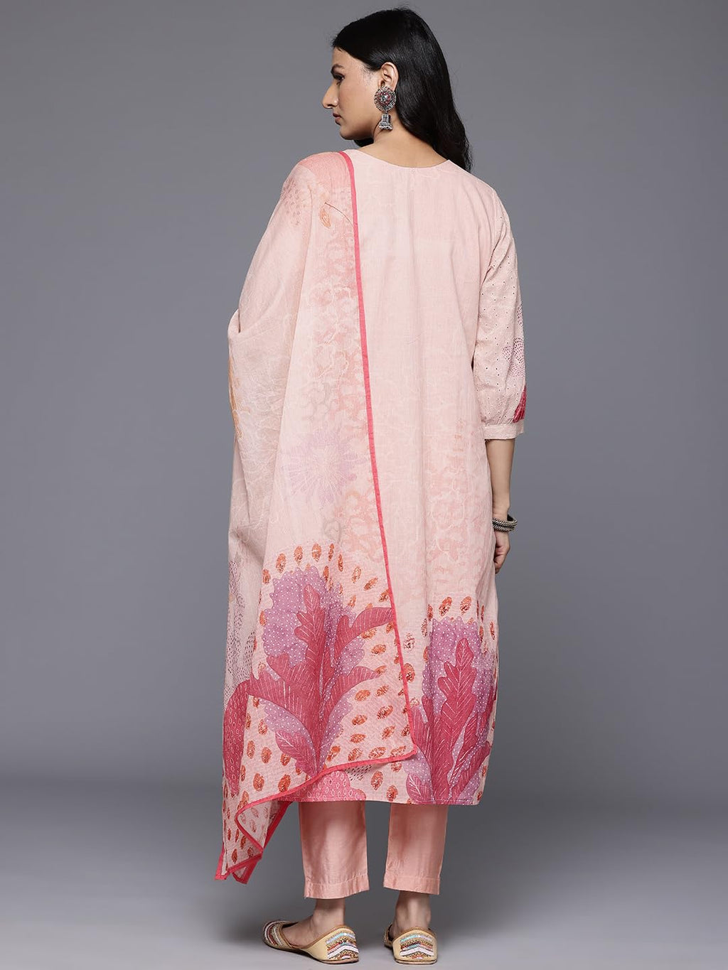 Varanga Women Peach Sciffli Kurta Paired With Tonal Bottom And Printed Dupatta