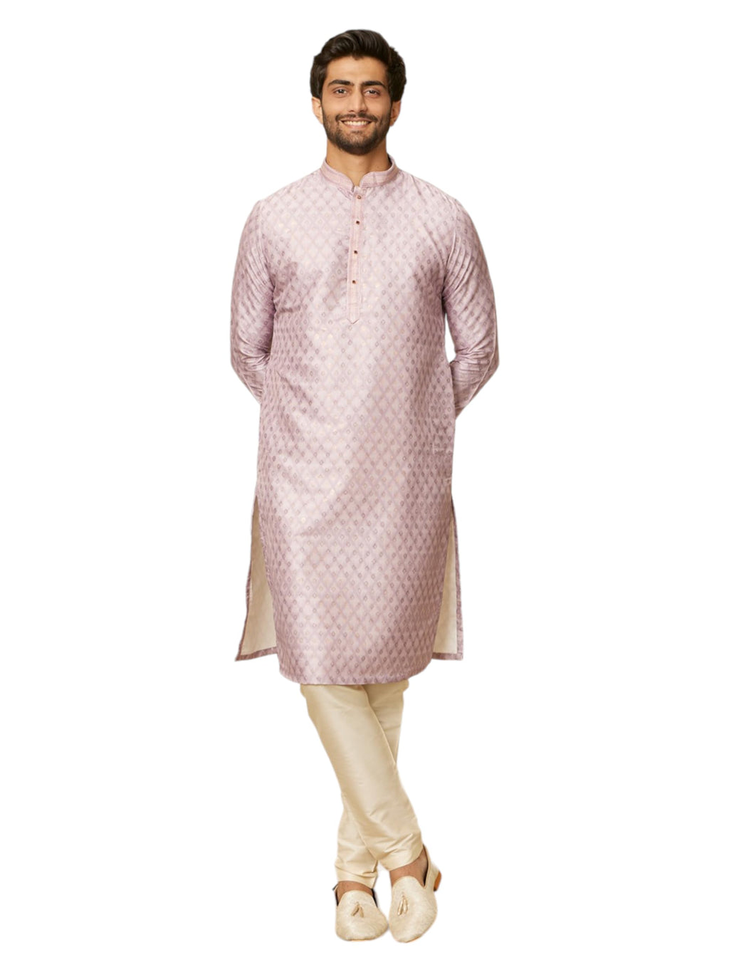 Manyavar Mens Pink Art Silk Self Design Kurta Pyjama Set