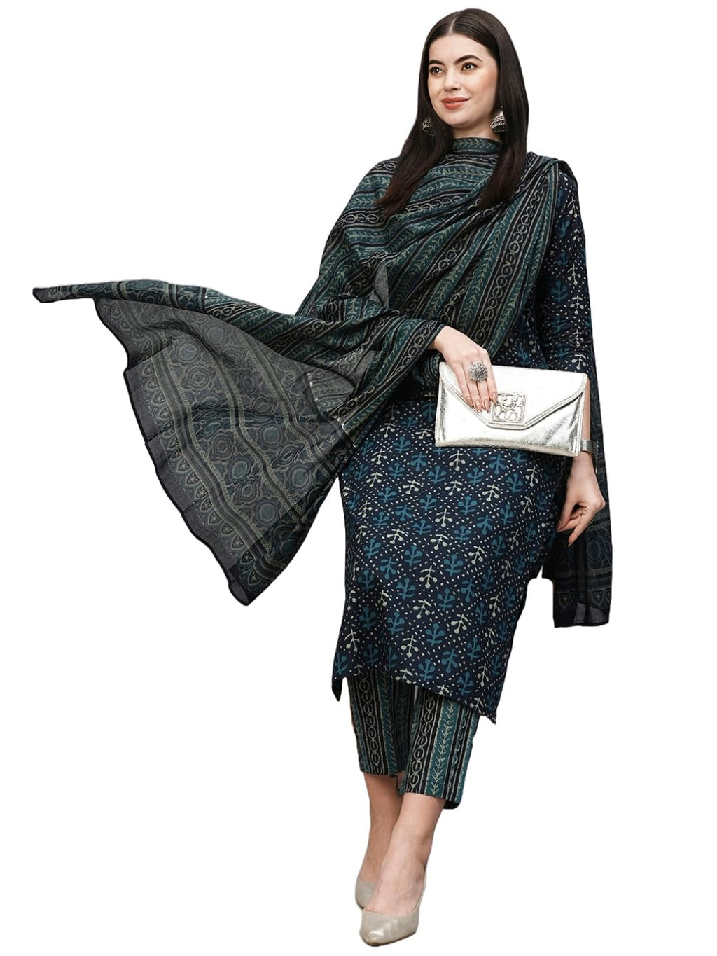 ANNI DESIGNER Womens Cotton Blend Straight Printed Kurta with Pant & Dupatta (Vakula Green_S_Green_Small)