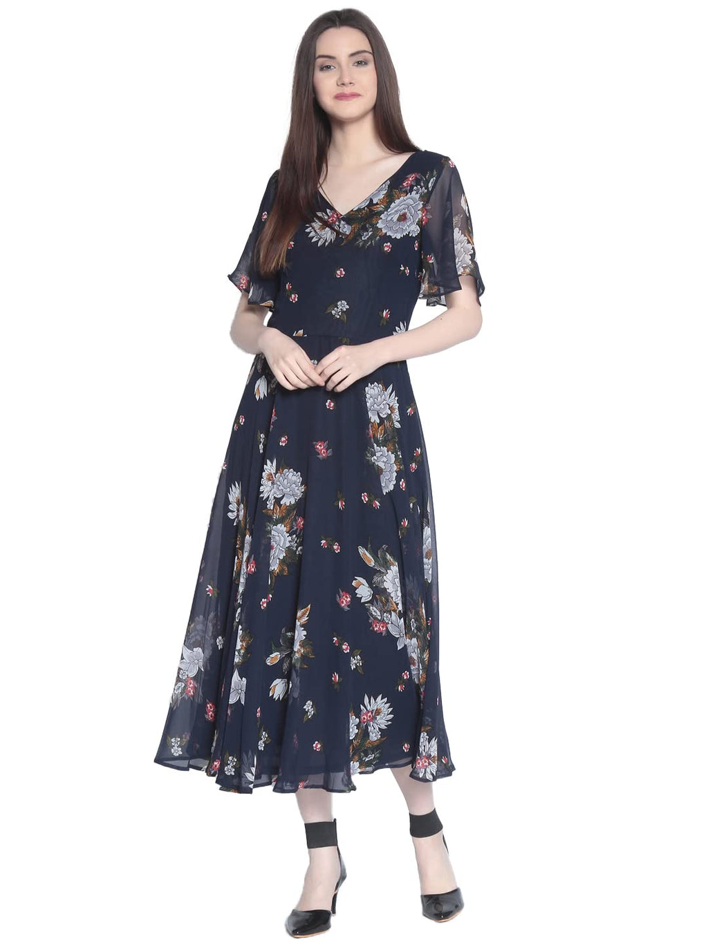 Rare London Women Synthetic A-Line Knee-Long Dress (Ep3153-L_Blue_L)