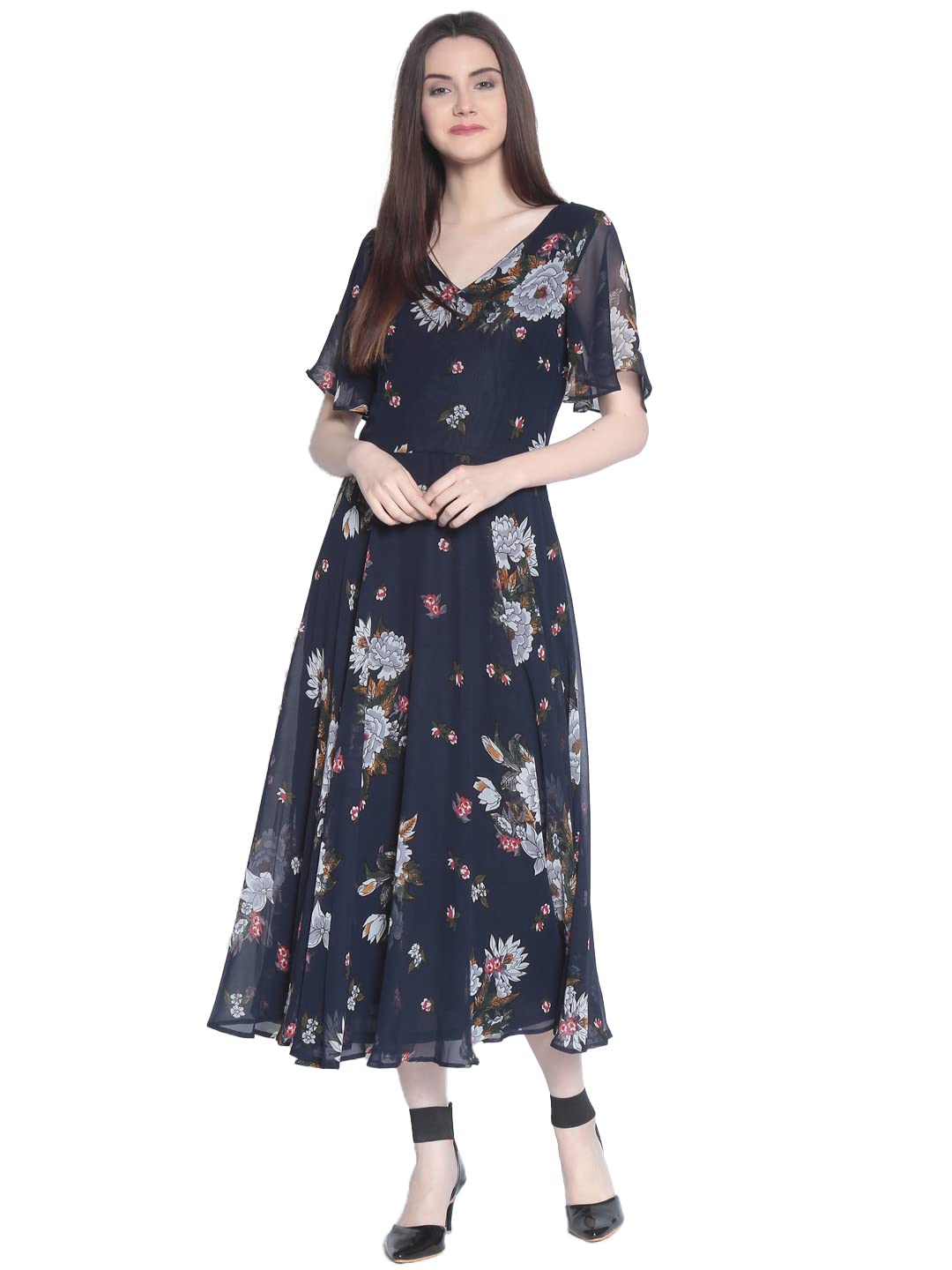 Rare London Women Synthetic A-Line Knee-Long Dress (Ep3153-L_Blue_L)