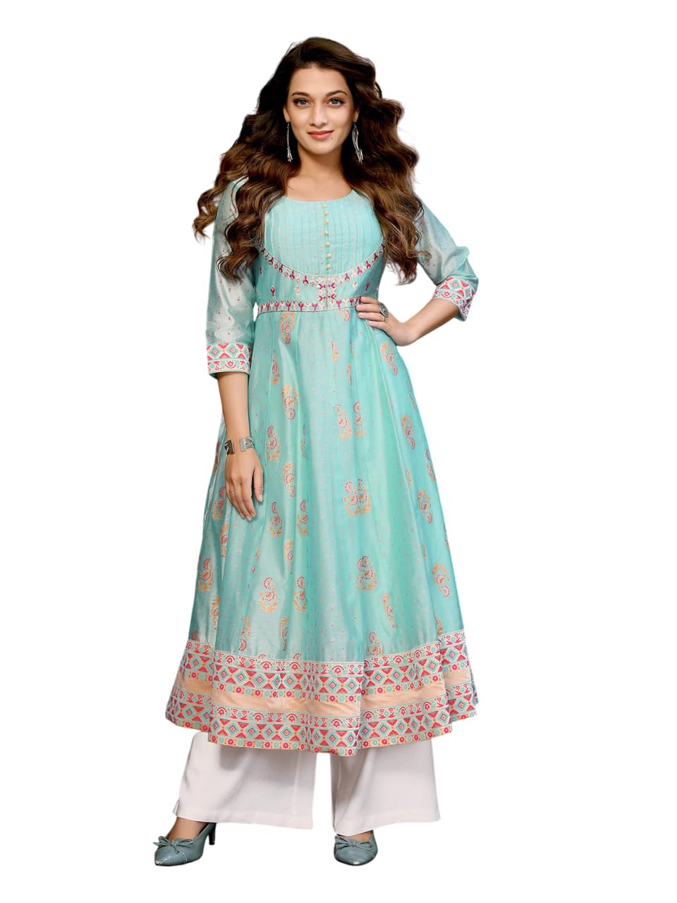 Rangita Turquoise Chanderi Anarkali Embroidered Calf Length Kurti | Kurta For Women_3Xl