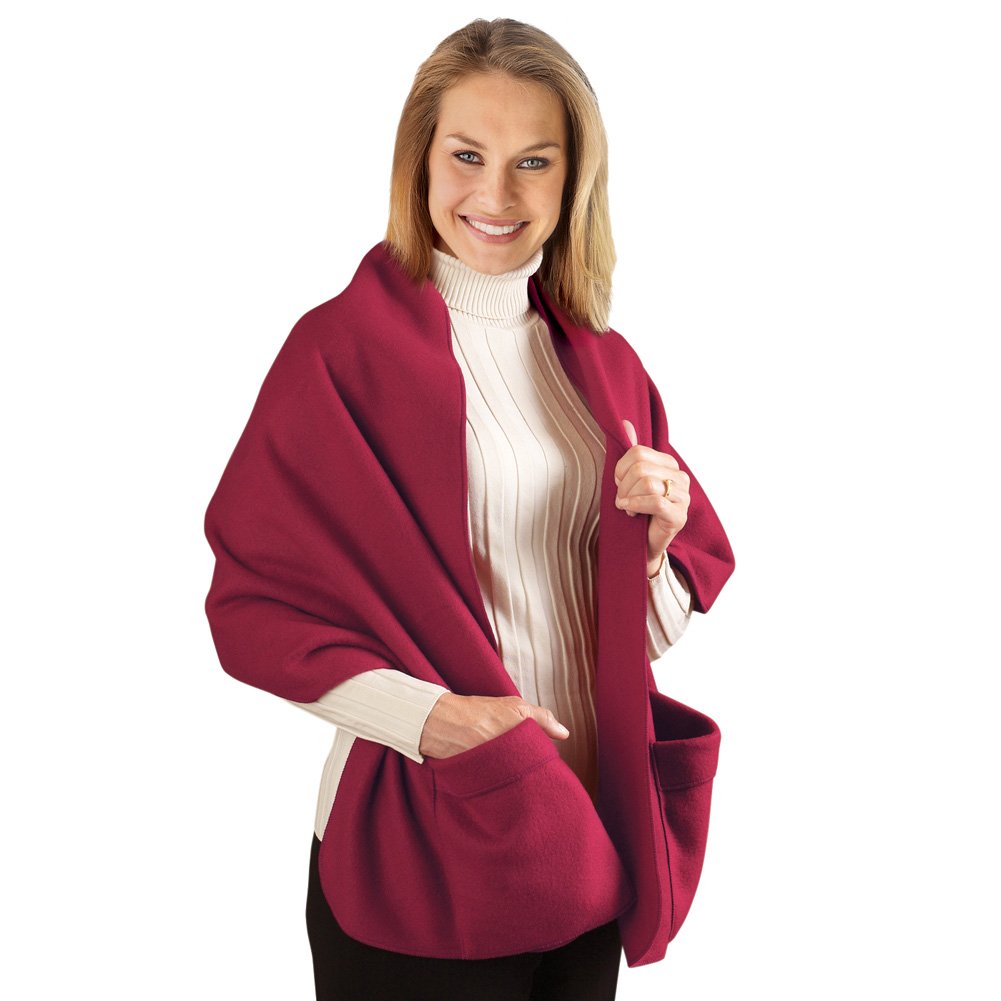 Collections Etc Cozy Fleece Wrap Shawl With Large Front Pockets - Keeps Hands and Shoulders Warm During Cold Winter Season, Burg