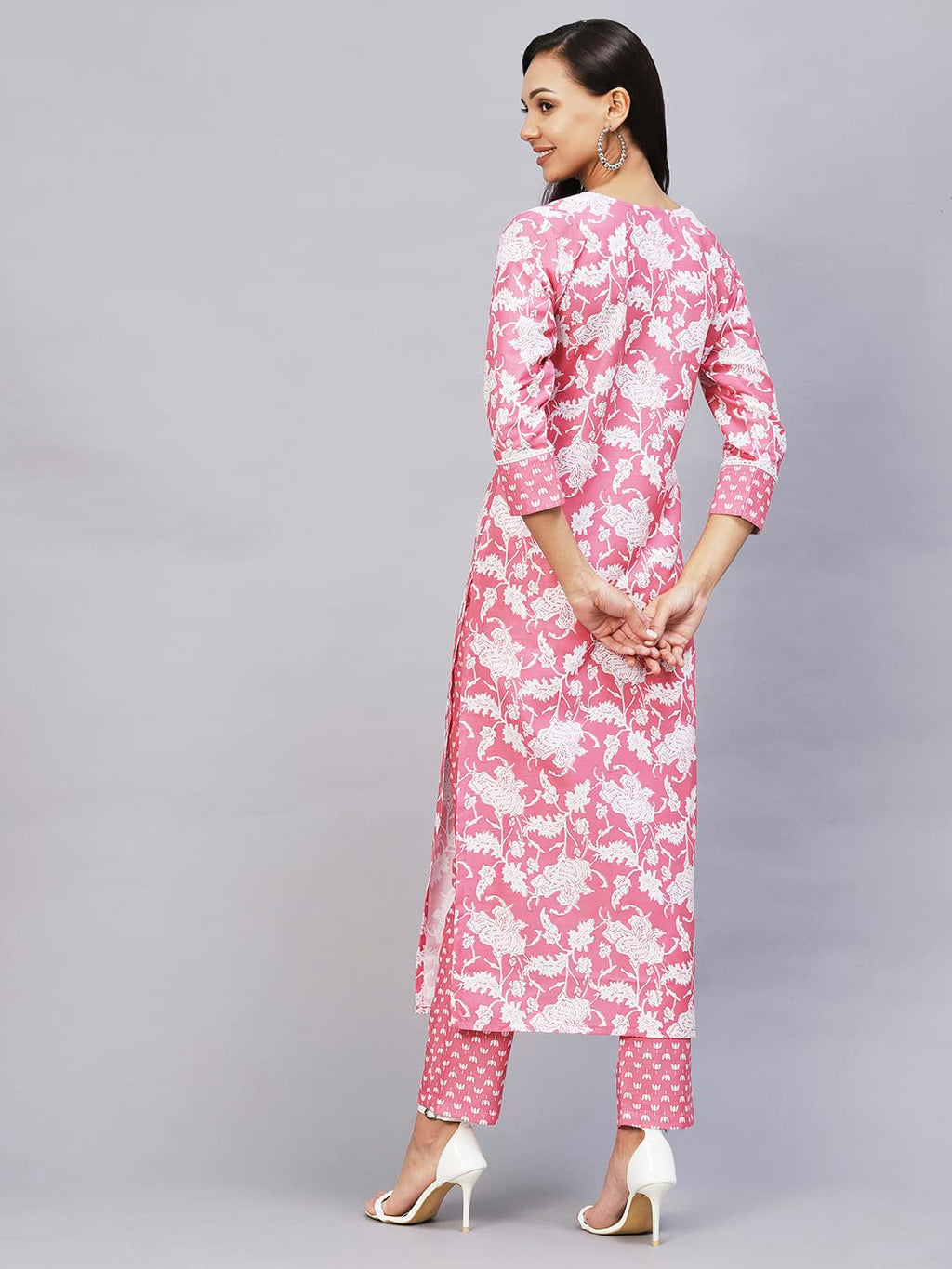 ANNI DESIGNER Womens Cotton Blend Printed Straight Kurta with Pant (Pustak Pink-Nw_L_Pink_Large)