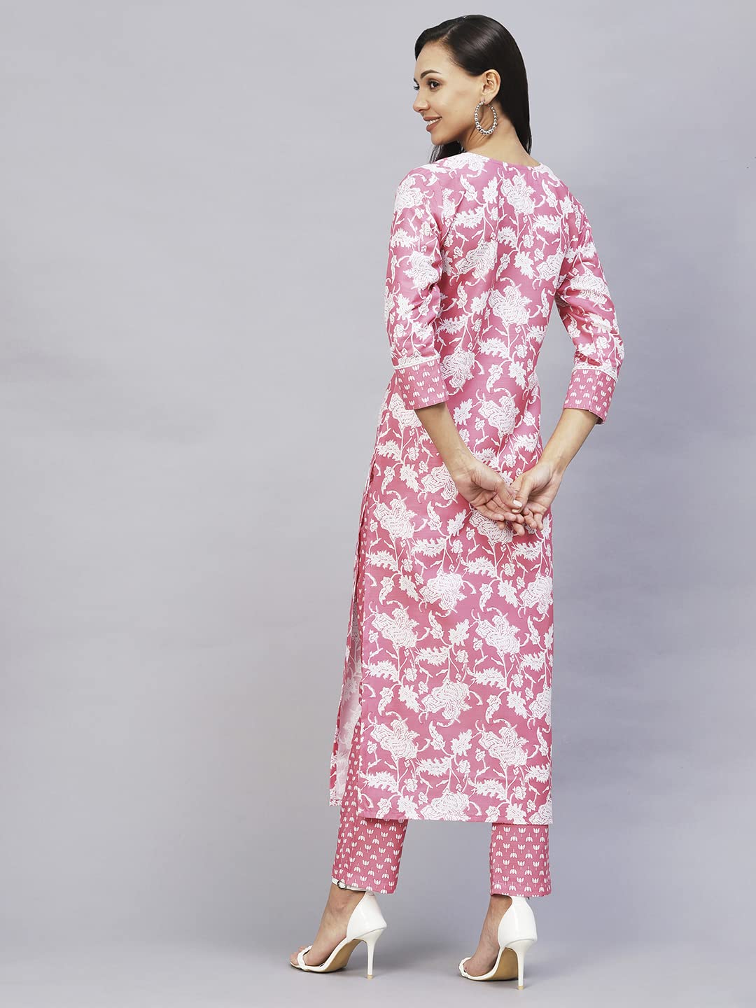 ANNI DESIGNER Womens Cotton Blend Printed Straight Kurta with Pant (Pustak Pink-Nw_L_Pink_Large)
