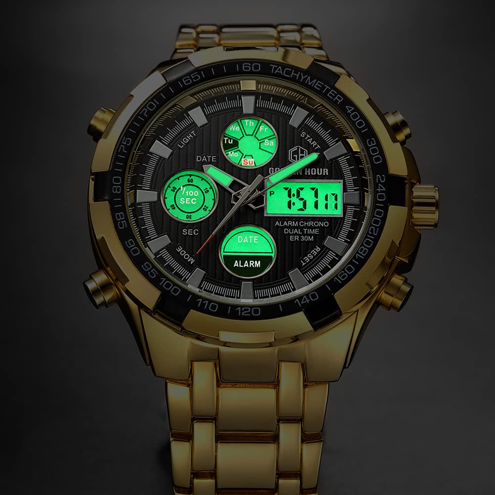 GOLDEN HOUR Luxury Stainless Steel Analog Digital Watches for Men Male Outdoor Sport Waterproof Large Big Size Heavy Wristwatch