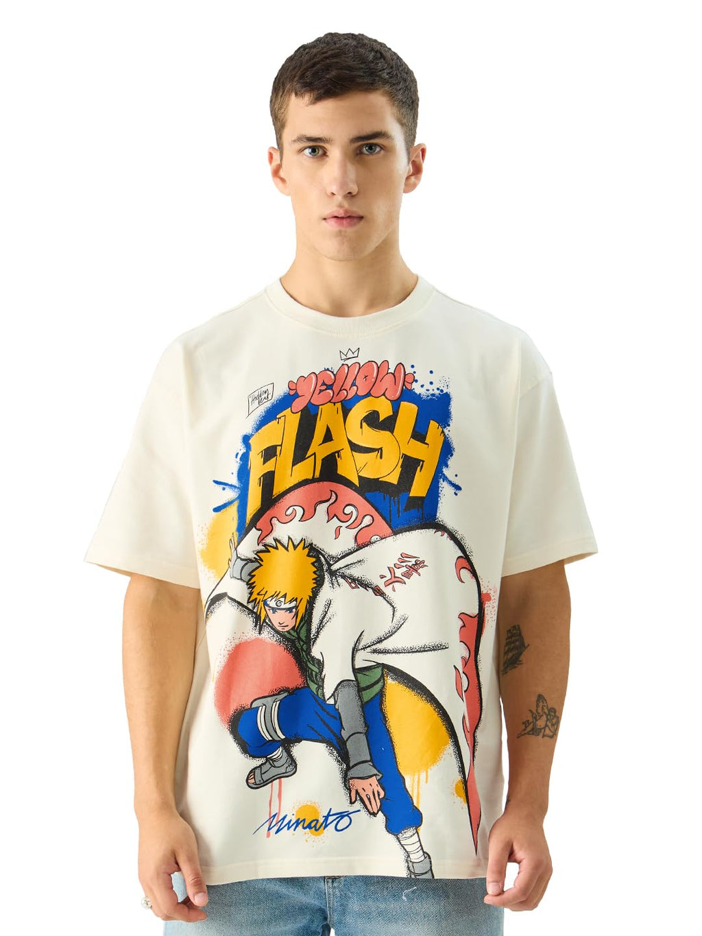 The Souled Store Official Naruto: Yellow Flash White Anime Graphic Printed Cotton Oversized T-Shirts for Men and Boys - Embrace 