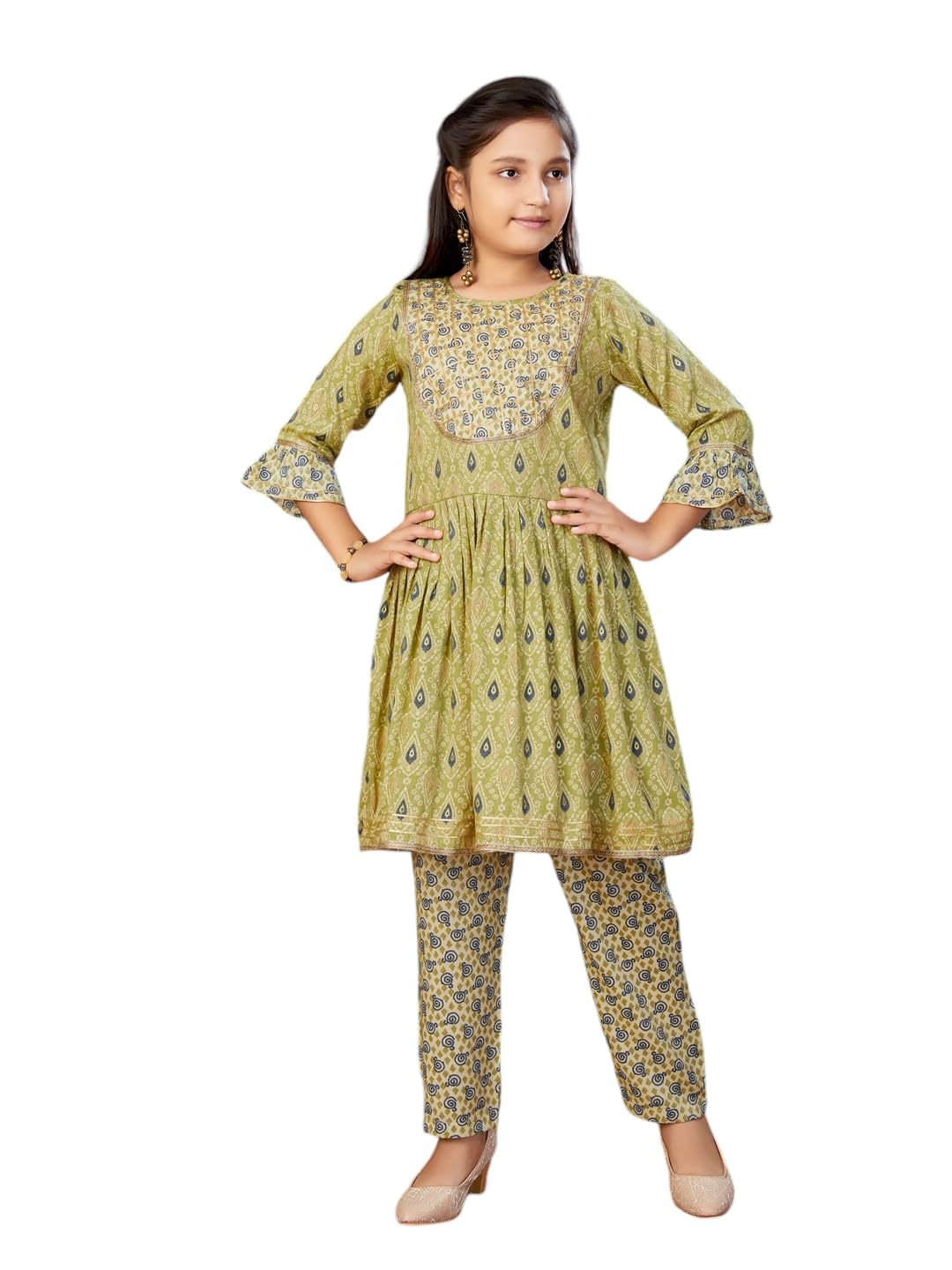 Aarika Girls Ethnic Wear Green Colour Leaf Pattern With Gota Lace Rayon Kurti Pant Set (4-15 Years)