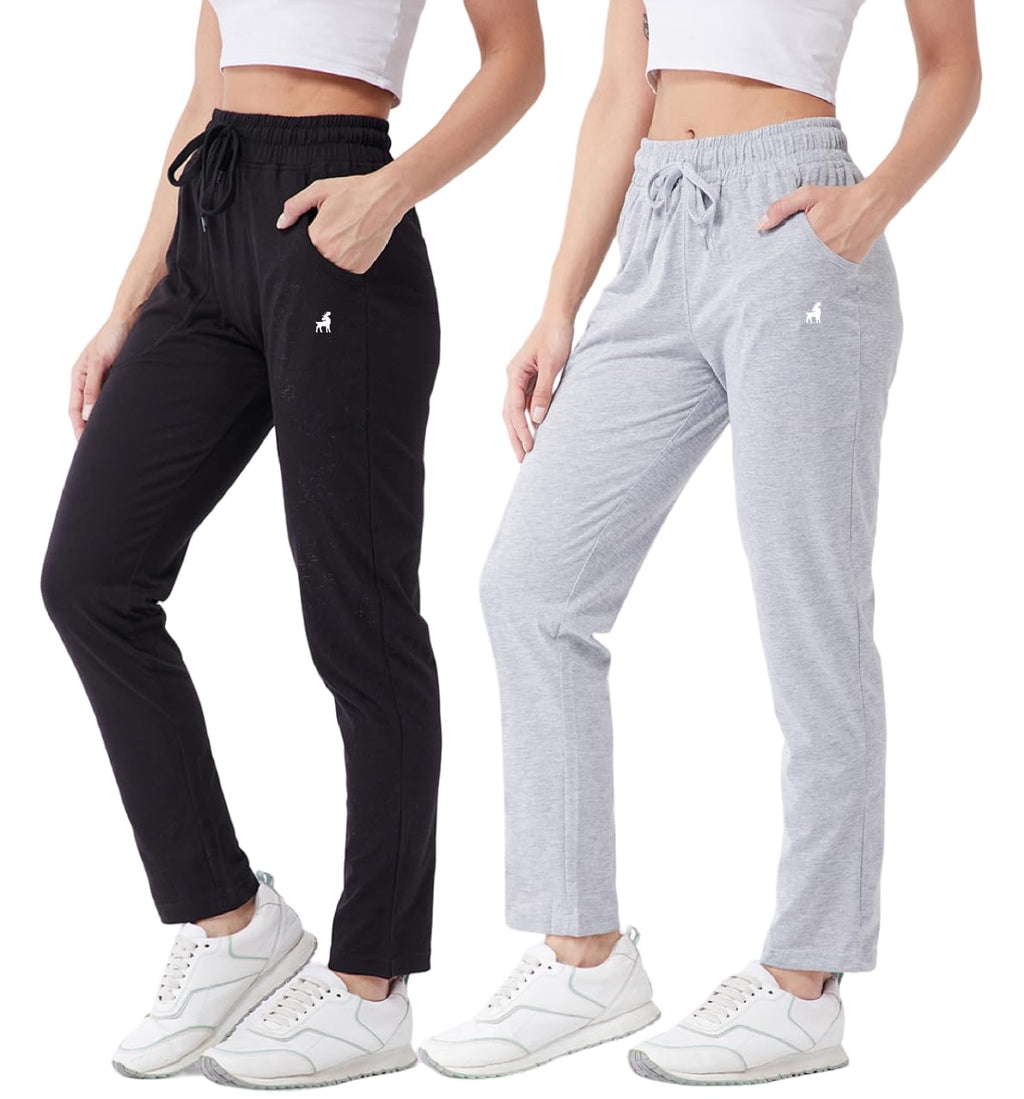 Modeve  Women Cotton Blend Pack of 2 Track Pant for Summer || Women Lower || Women Pyjama || Lounge Pants_Black and Light Grey_M