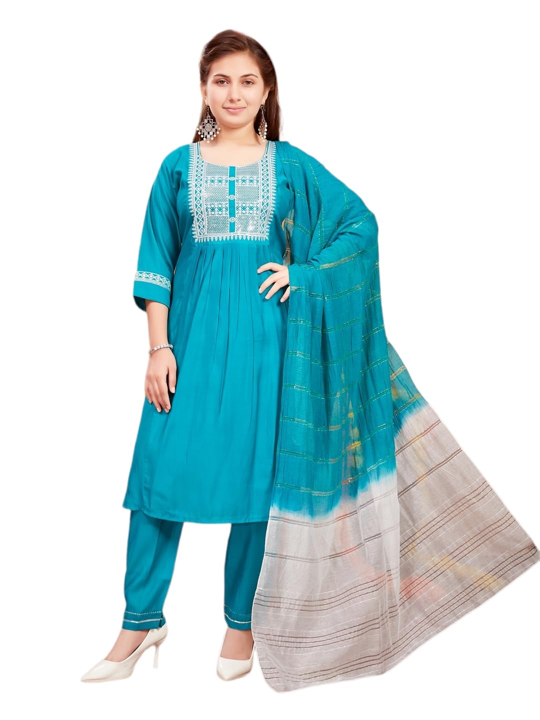Aarika Girls Ethnic Wear Turquoise Colour Sequin Thread Embroidery With Gota Work Silk Kurti Pant Set (8-16 Years)