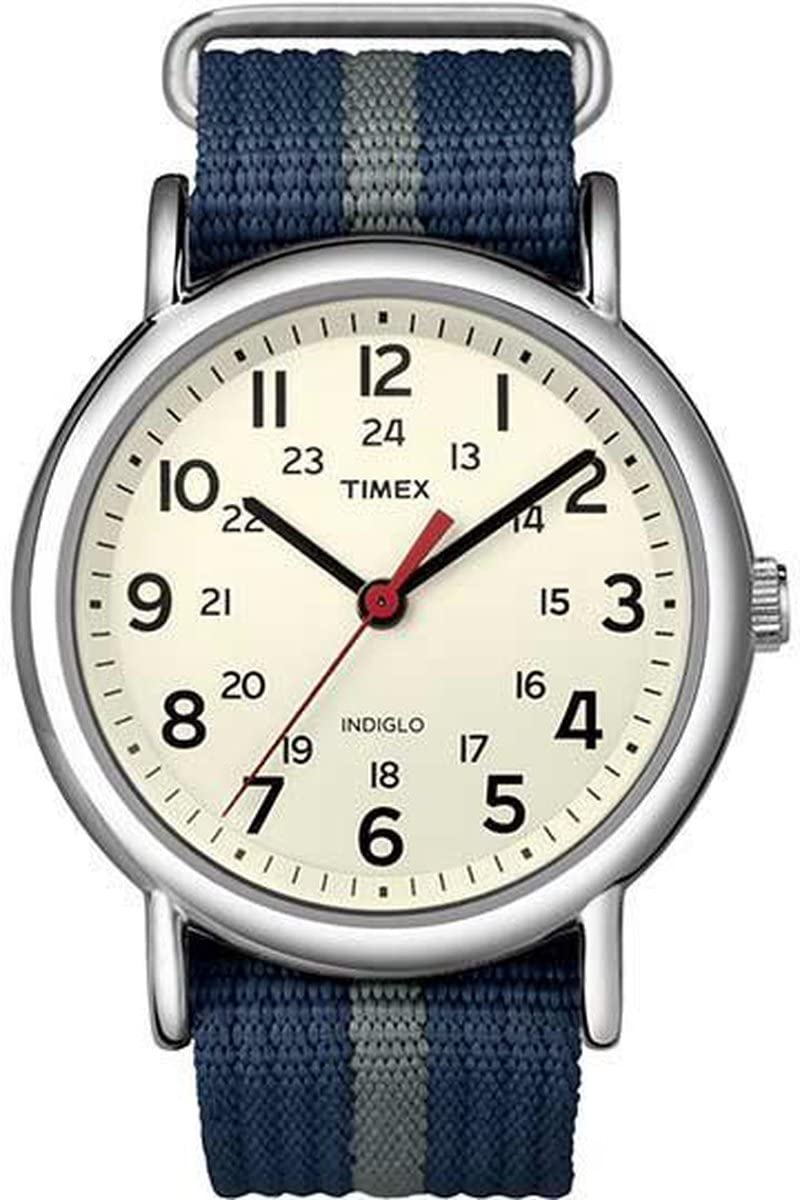 Timex Unisex T2N654 Weekender 38mm Blue/Gray Stripe Nylon Slip-Thru Strap Watch