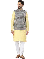 SOJANYA (Since 1958 Mens Cotton Silk Embroidered Yellow Kurta and White Pyjama with Designer Navy Nehru Jacket