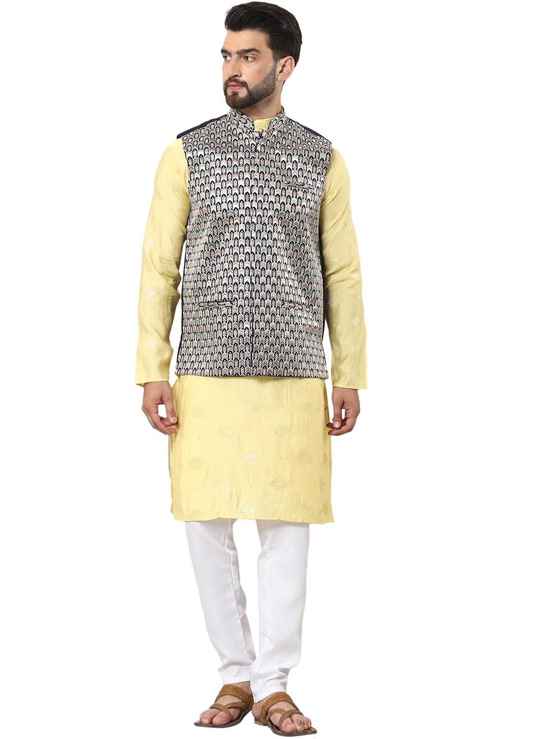 SOJANYA (Since 1958 Mens Cotton Silk Embroidered Yellow Kurta and White Pyjama with Designer Navy Nehru Jacket