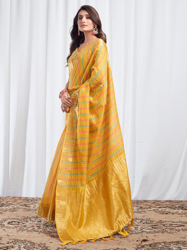 Satrani Womens Cotton Silk Woven Stripe & Jacquard Saree with Unstitched Blouse Piece