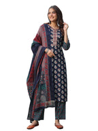 Nainvish Women'S Blue Printed Straight Rayon V-Neck Kurta Pant With Dupatta (Sd694_Kbd-M)