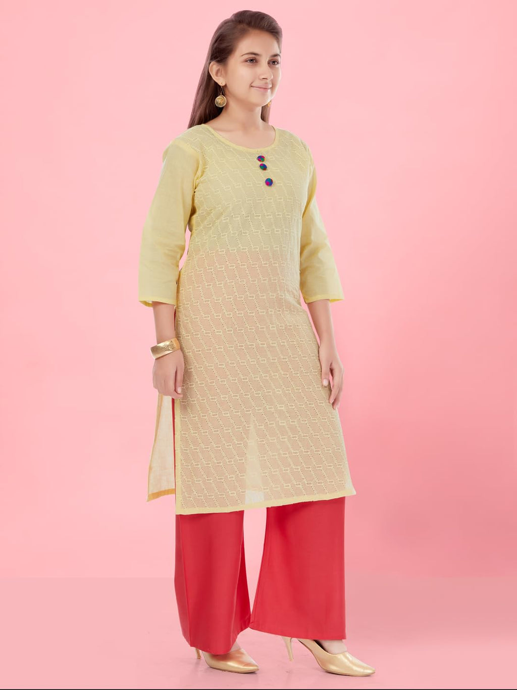Aarika Girls Lemon Colour Cotton Embroidery Kurti (KURTI-K-181-LEMON-30)