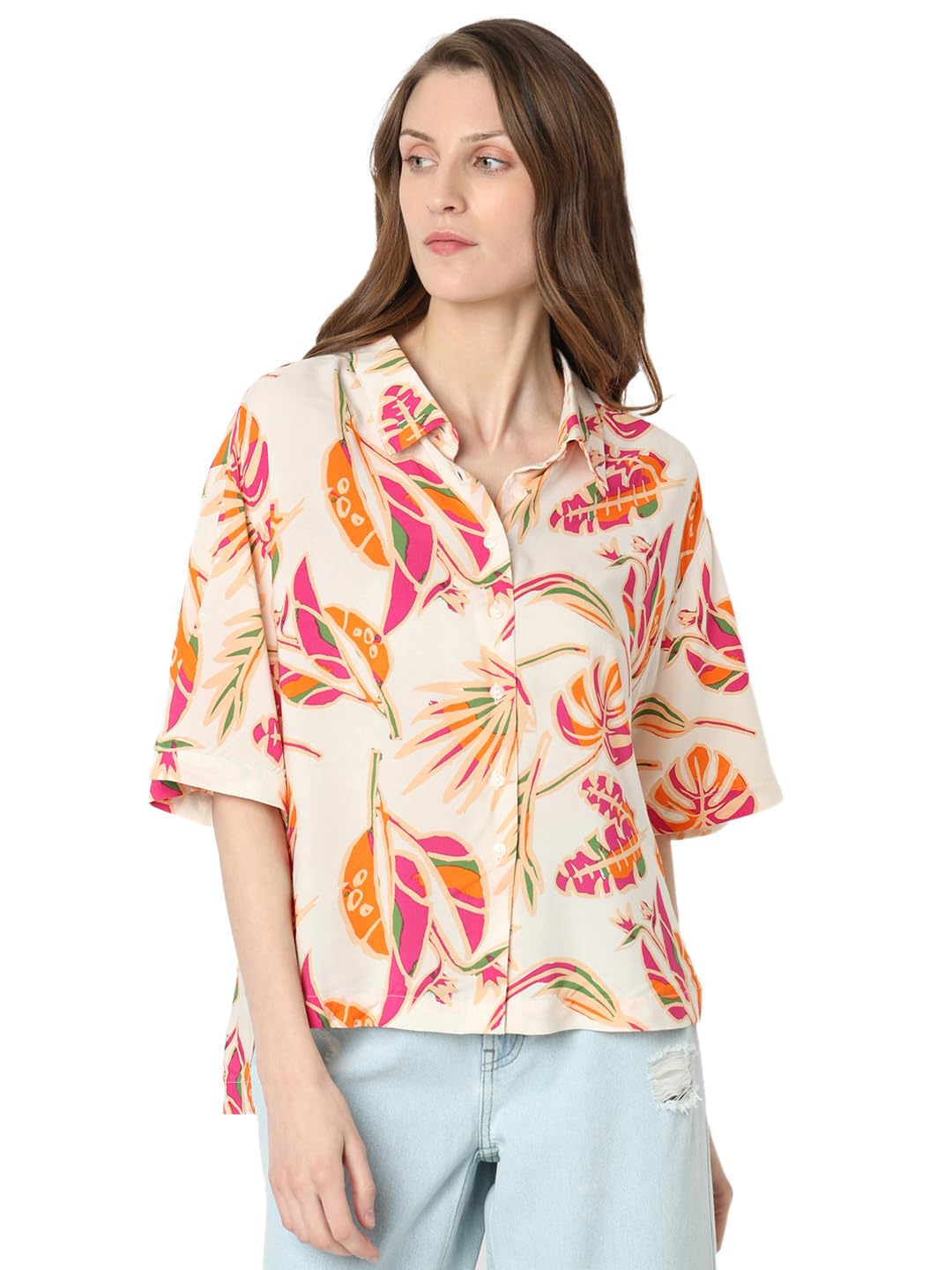 Vero Moda Women Tropical Print Multicolor Modal Boxy Fit Shirt