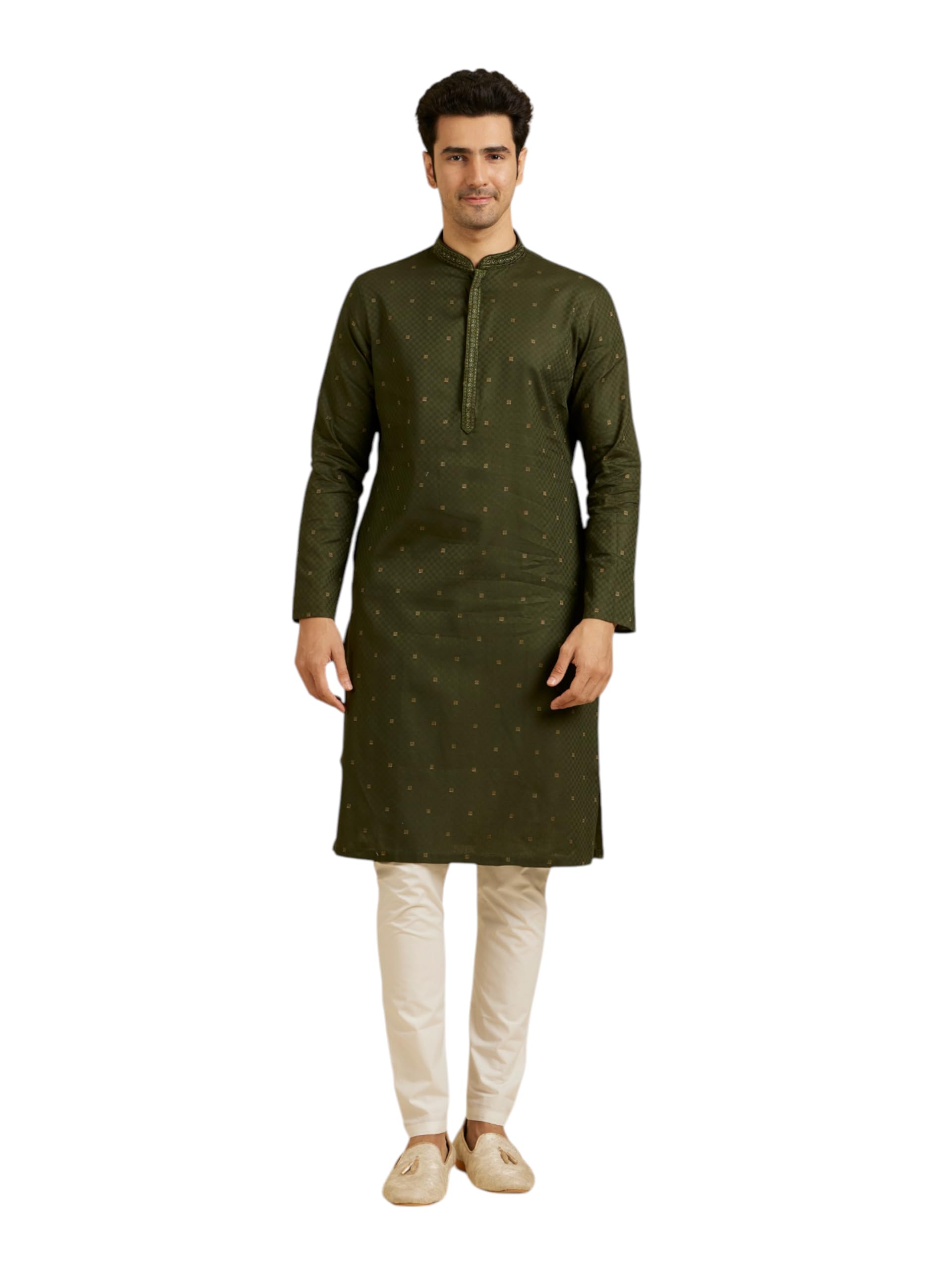 Manyavar MenS Cotton Regal Gold Zari Embroidered Kurta Pyjama Set (Green,Xl)
