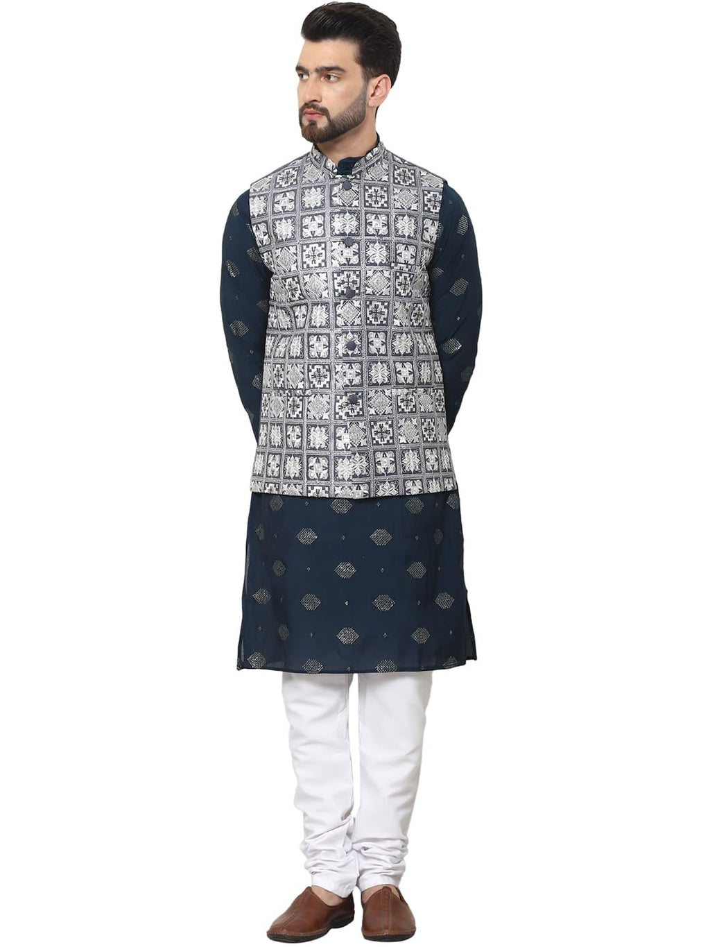 SOJANYA (Since 1958 Mens Cotton Silk Embroidered Navy Kurta and White Pyjama With Grey Nehru Jacket
