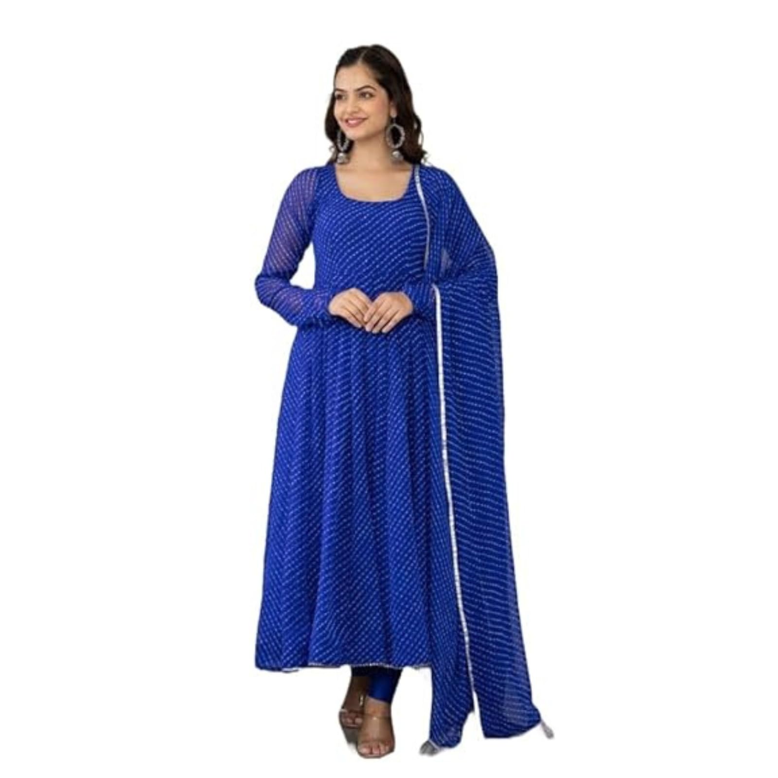 Modestouze Attires WomenS Georgette Anarkali Kurti Pants Dupatta Sets With Floral Printed Calf Length Round Neck And Long Sleev