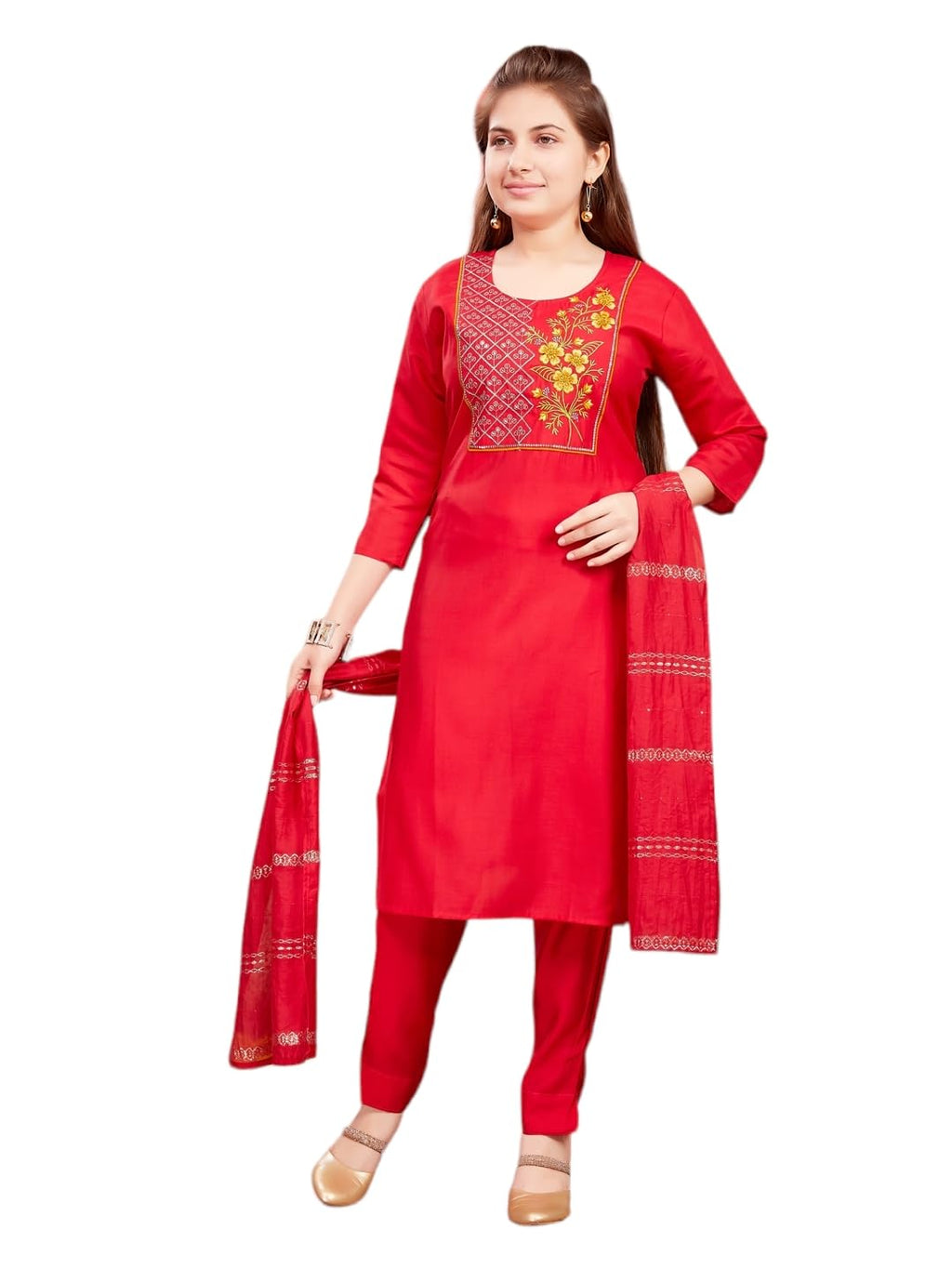 Aarika Girls Ethnic Wear Red Colour Zari Thread Embroidery Silk Kurti Pant Set (6-15 Years)