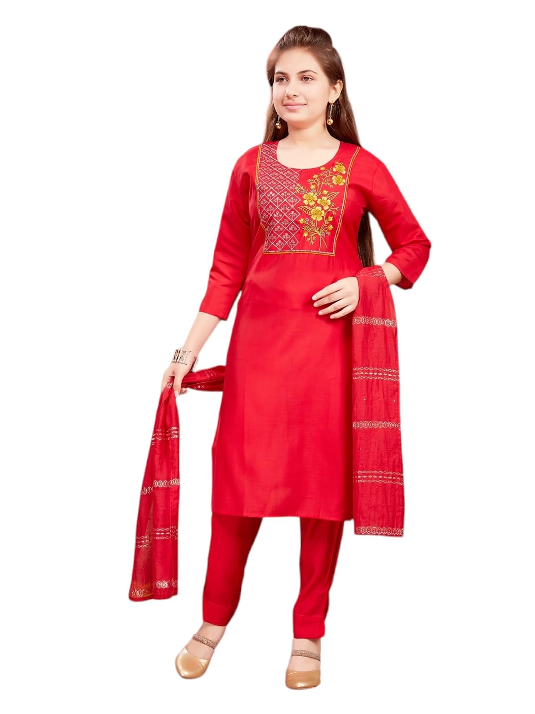 Aarika Girls Ethnic Wear Red Colour Zari Thread Embroidery Silk Kurti Pant Set (6-15 Years)