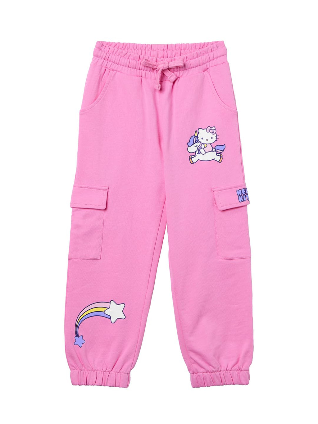 The Souled Store Hello Kitty: Unicorn Girls Drawstring Pink Printed Cotton Joggers (2-8 Yrs)