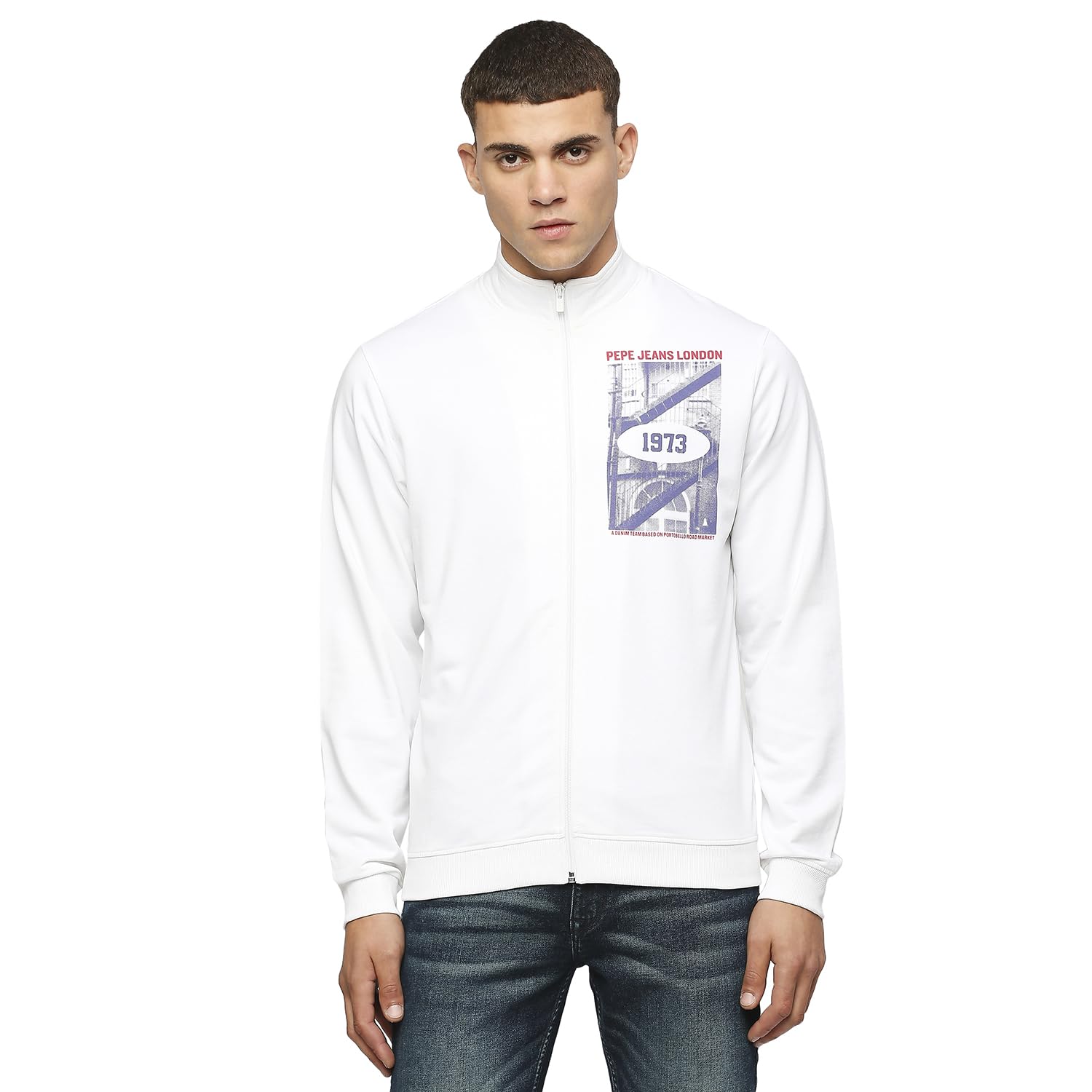 Pepe Jeans MenS Cotton Collared Neck Karson Graphic Printed Zip-Thru Regular Fit Sweatshirt (White, Medium)