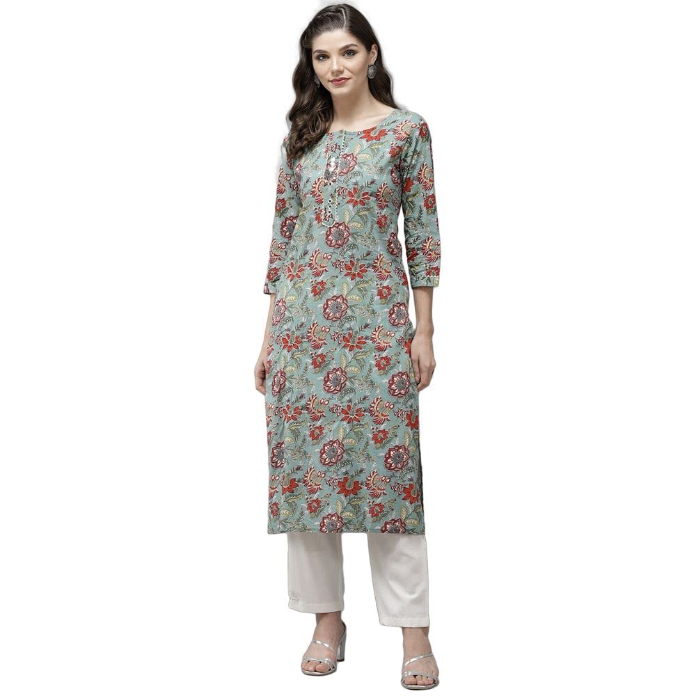 Anubhutee Women'S Cotton Green Ethnic Motifs Printed Straight Kurta Suit Set With Pants