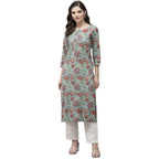 Anubhutee Women'S Cotton Green Ethnic Motifs Printed Straight Kurta Suit Set With Pants