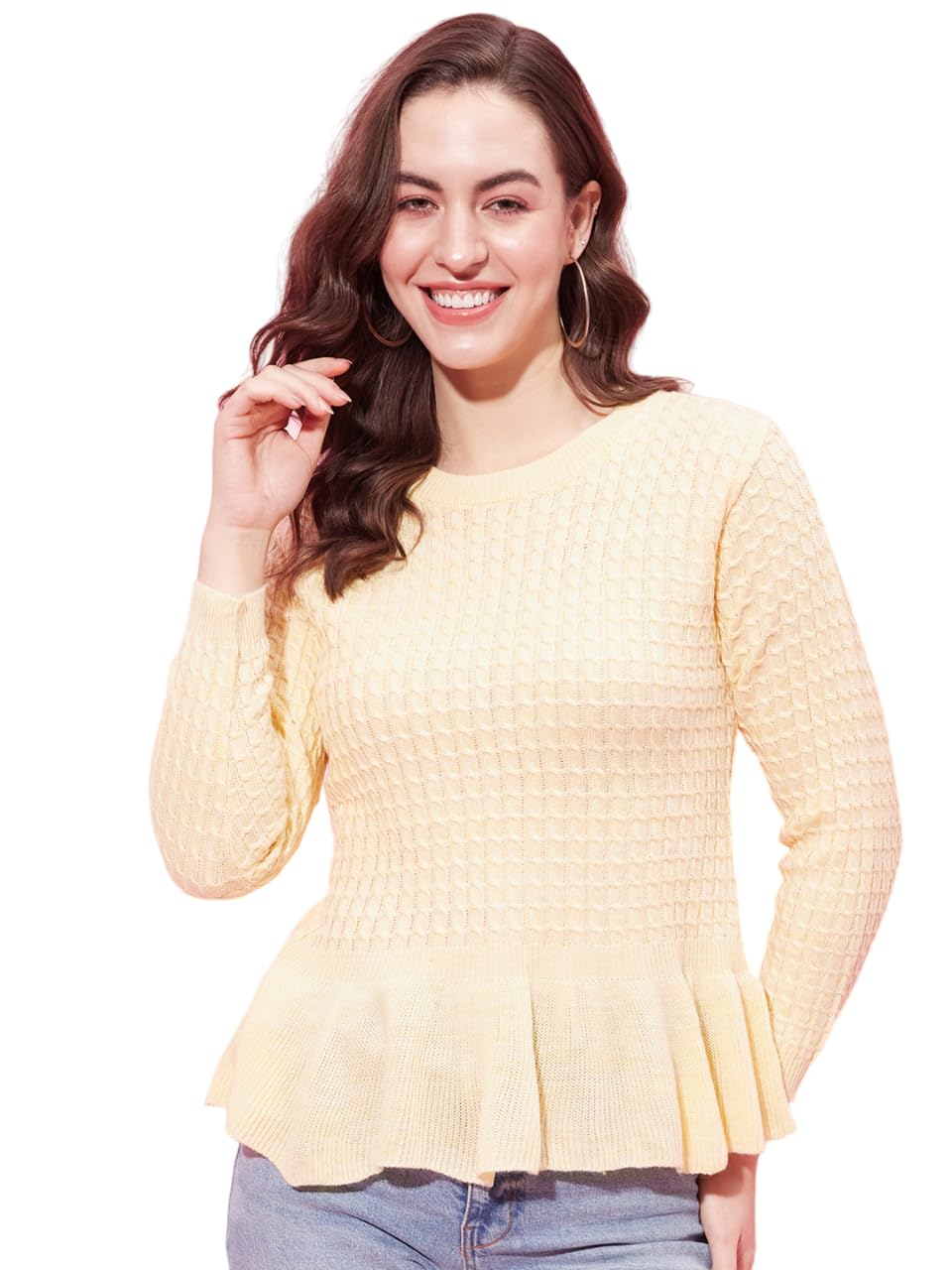 Modeve Cable Knit Round Neck Casual Women Sweater||Winterwear|| Lemon