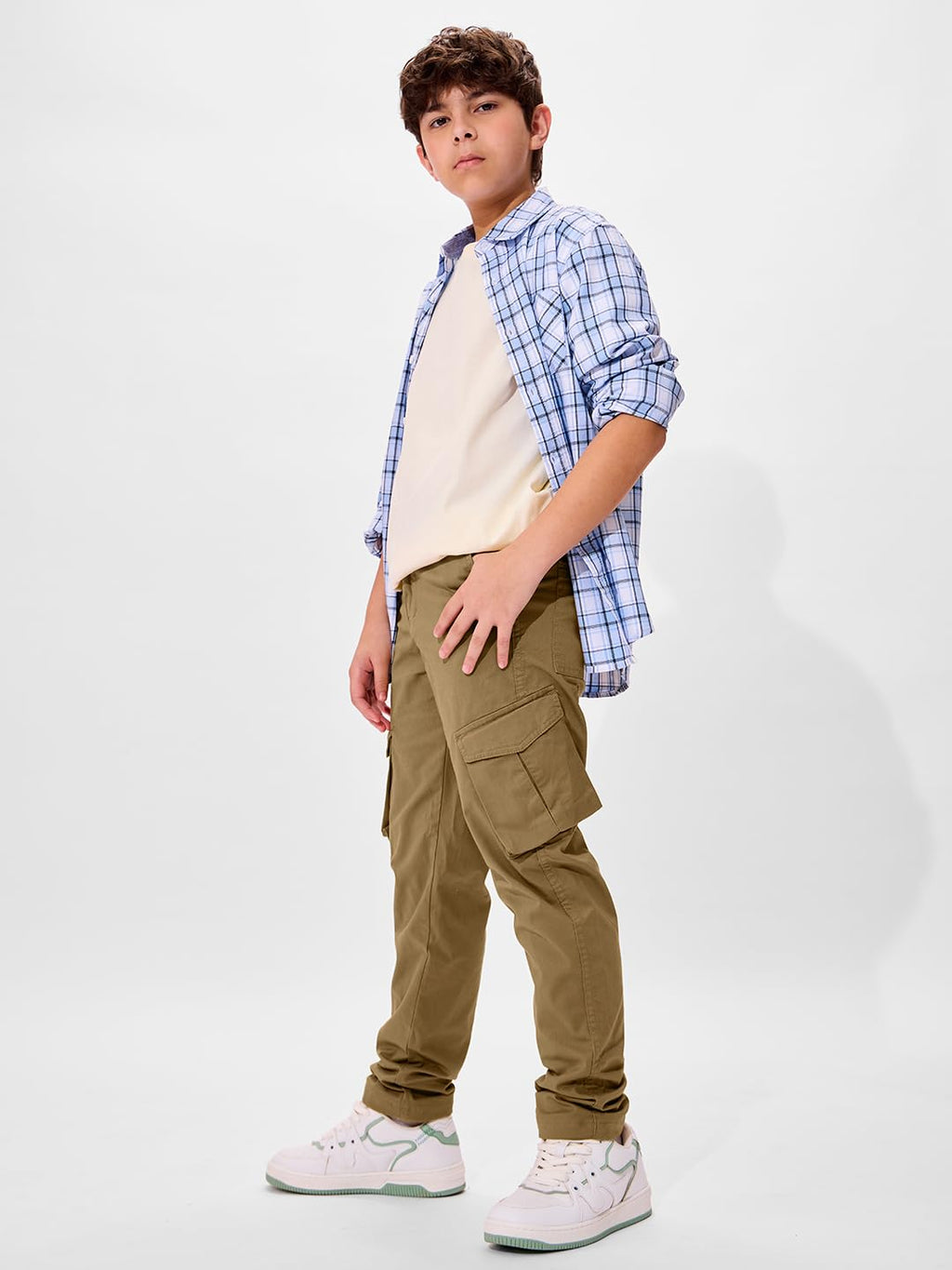 The Souled Store Solids: Dark Beige Young Boys Buttoned Straight Fit Cotton Cargo Pants