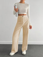 Toochki High Waist Trousers for Women  Korean Style Formal Pants | Elegant Workwear for Office, College & Events Beige