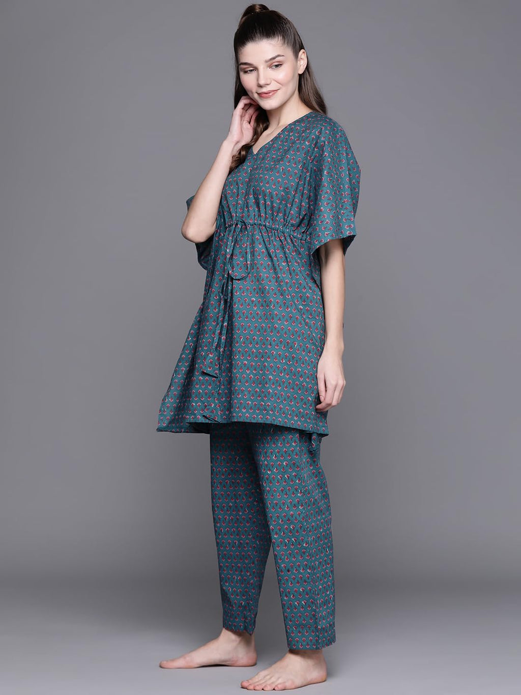 Libas Womens Printed Cotton Night Suit Set For Women Blue