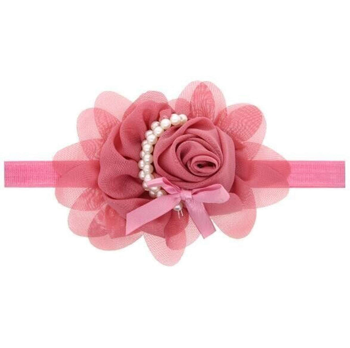 Akinoskids Pearl Chiffon Lace Flowers Elastic Infant Newborn Baby Girl Headbands Toddler Band Hair Hairband Peach Pink 11