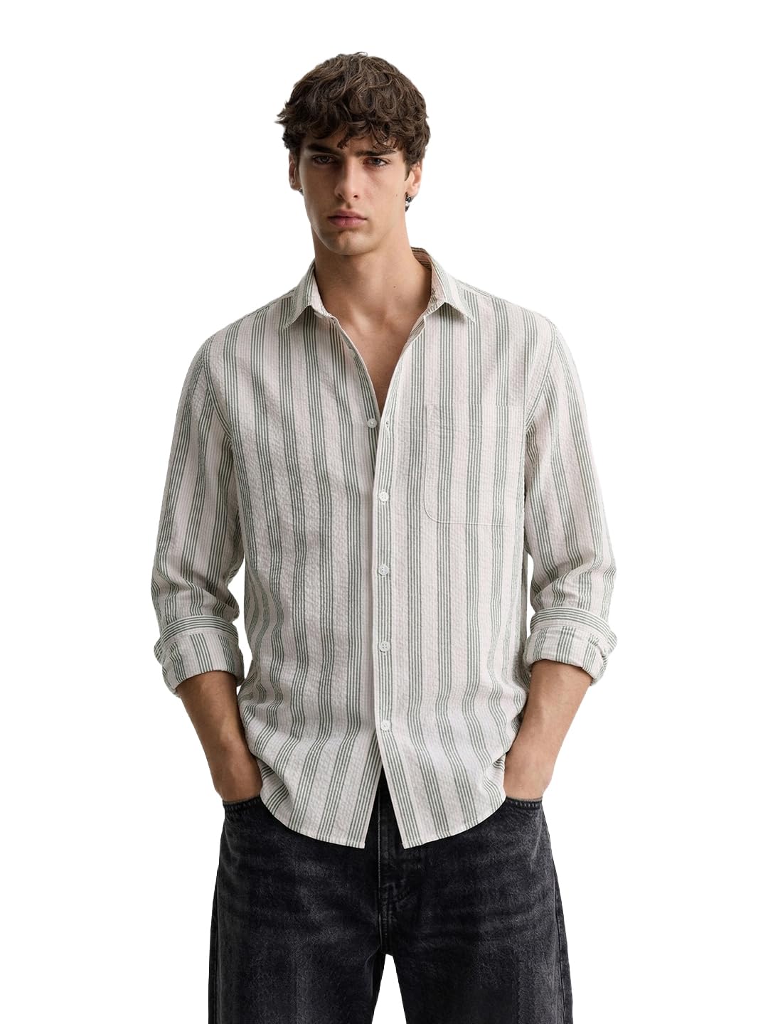 The Indian Garage Co Mens Regular Fit Vertical Striped Cutaway Collar Full Sleeves Sweater