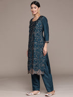 Ishin Women'S Mint Embellished With Sequins Silk Straight Kurta Suit Set With Trousers