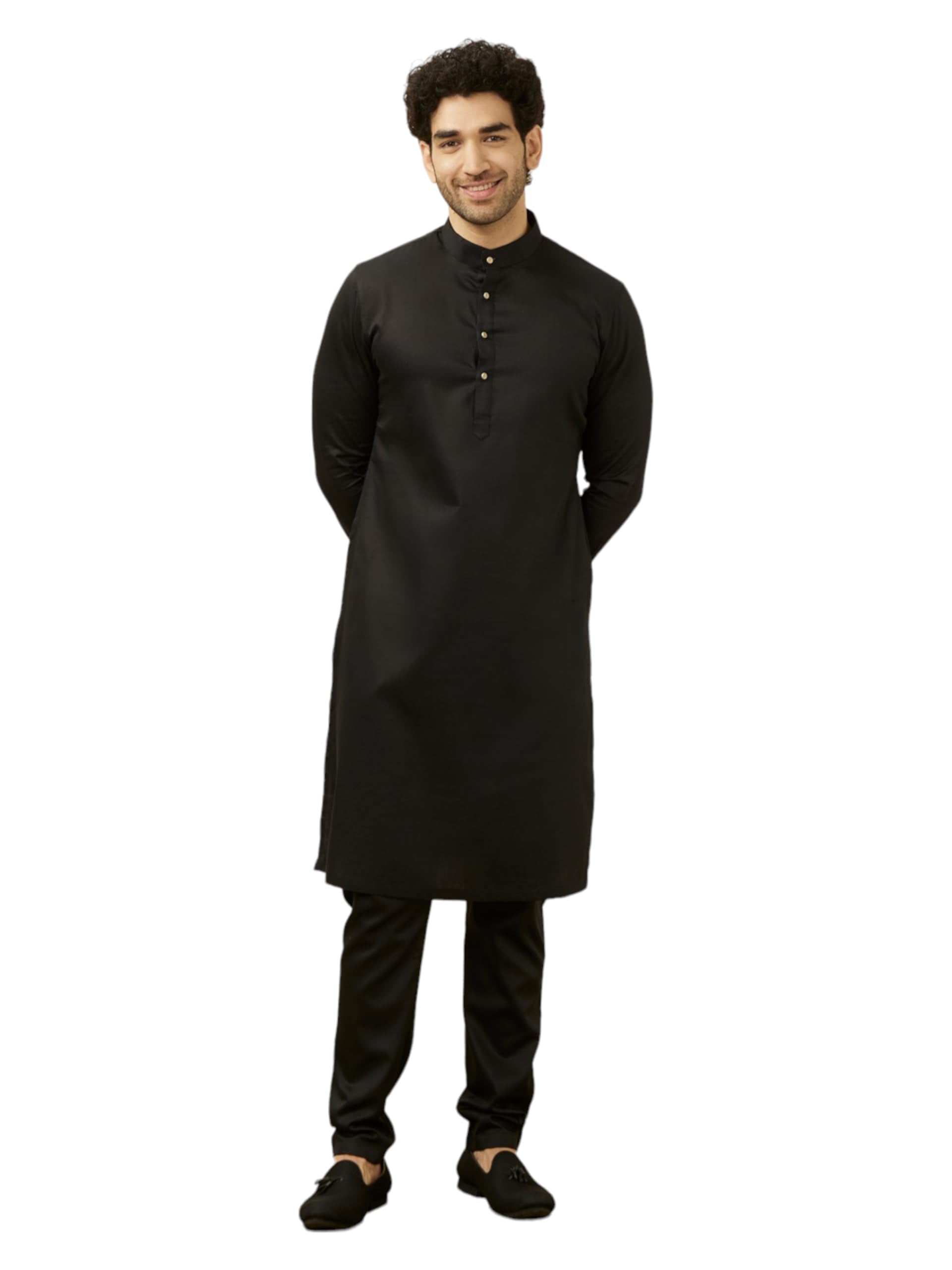 Manyavar Black Cotton Solid Kurtas For Men (Kurta Only)