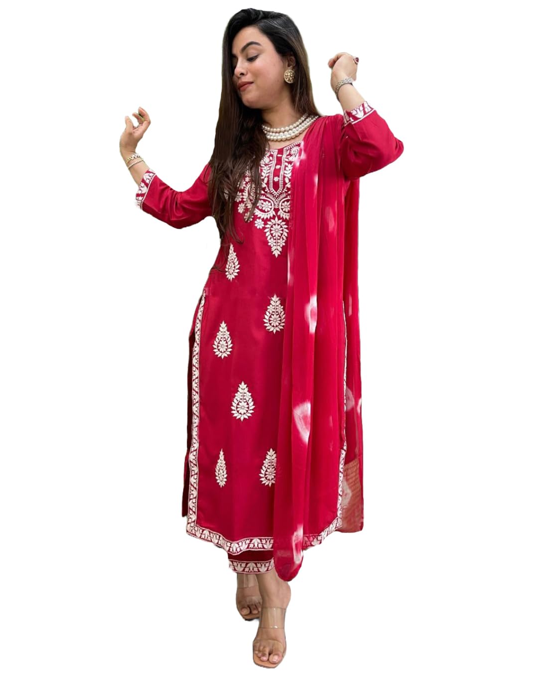 ANNI DESIGNER Womens Rayon Blend Straight Embroidered Kurta with Pant & Dupatta (SABYA Pink_L_Pink_Large)