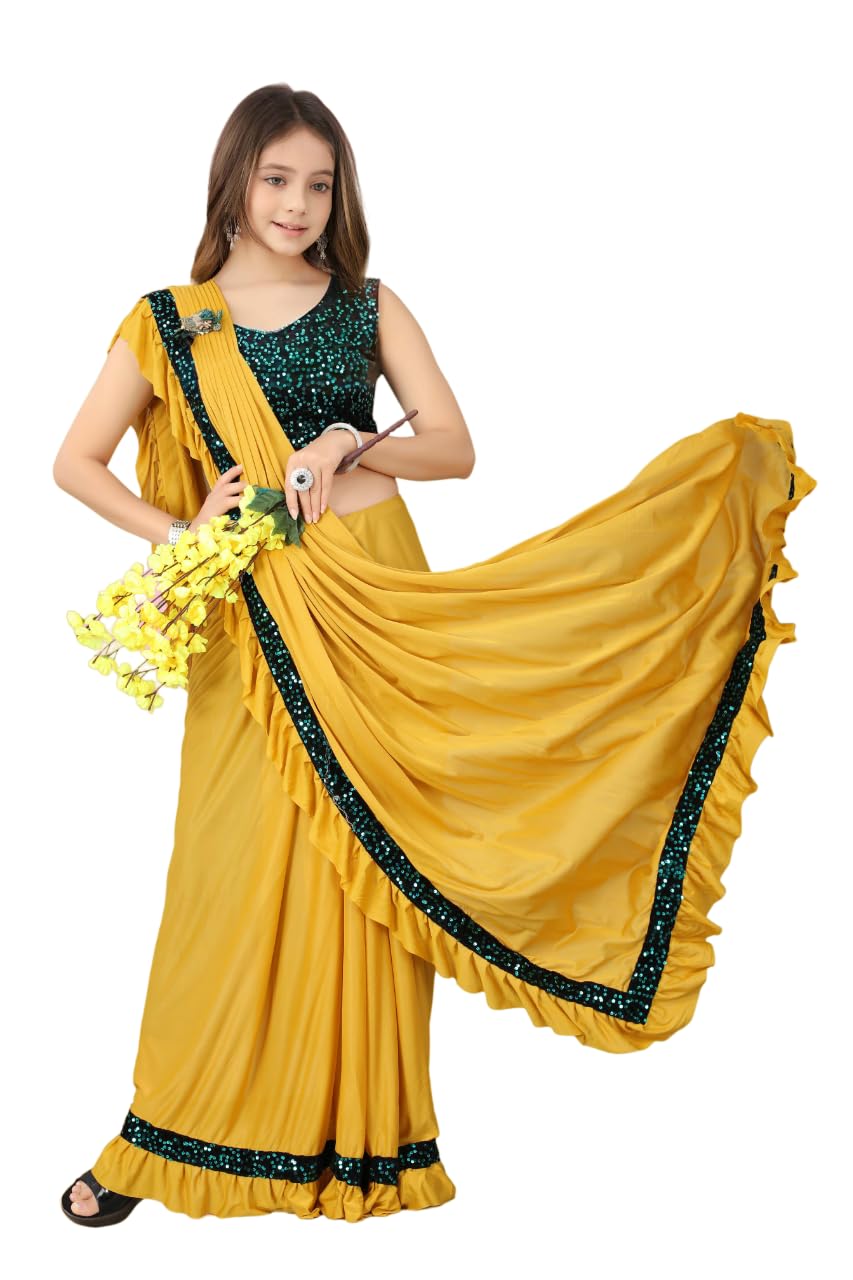 Dhyey Fashion Baby Girls Lycra Blend Saree With Unstitched Blouse  Traditional Yet Trendy Saree For Girls,Soft And Stretchy Fabr