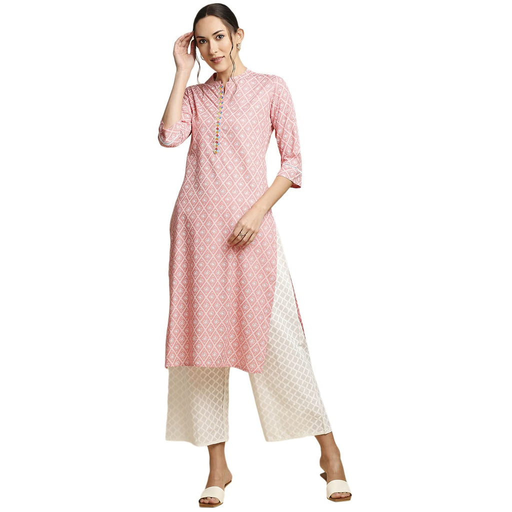 Anubhutee Women'S Rayon Pink Khari Print Ethnic Motifs Embroidered Straight Kurta