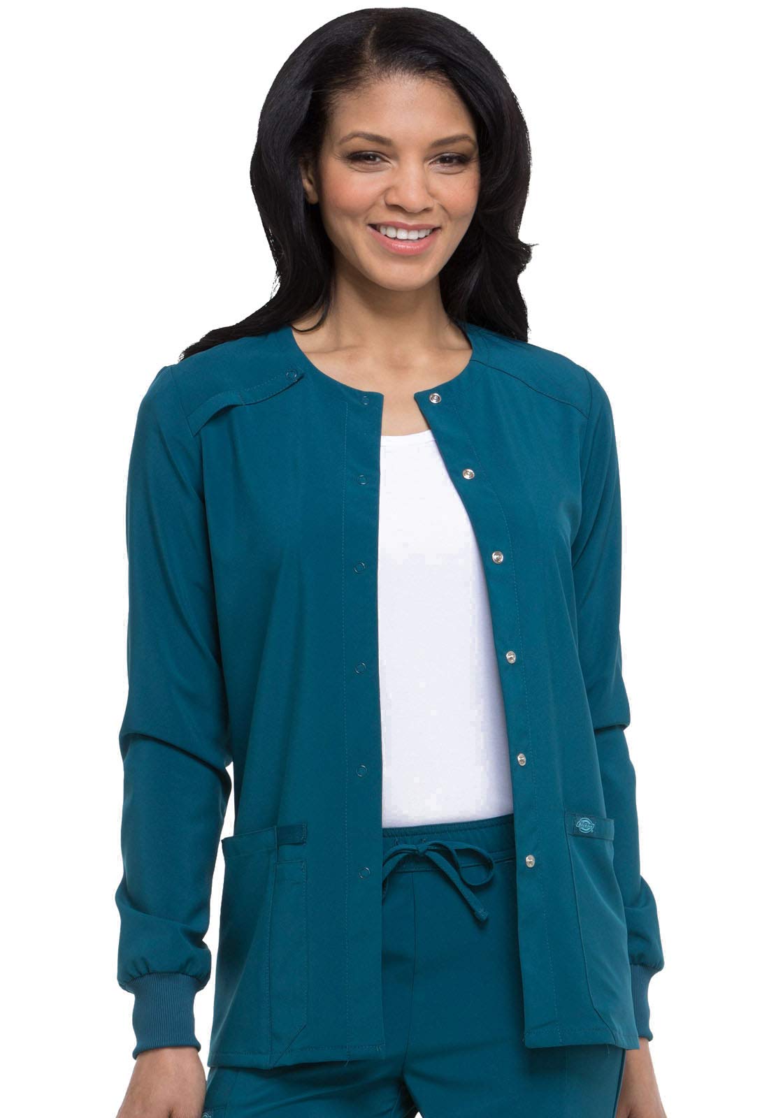 Dickies EDS Essentials Women Warm Up Scrubs Jacket Snap Front Plus Size DK305, 5XL, Caribbean Blue