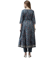 Ishin Women'S Cotton Blend Anarkali Embroidered Zari Floral Print Teal Kurta Suit Set With Trouser