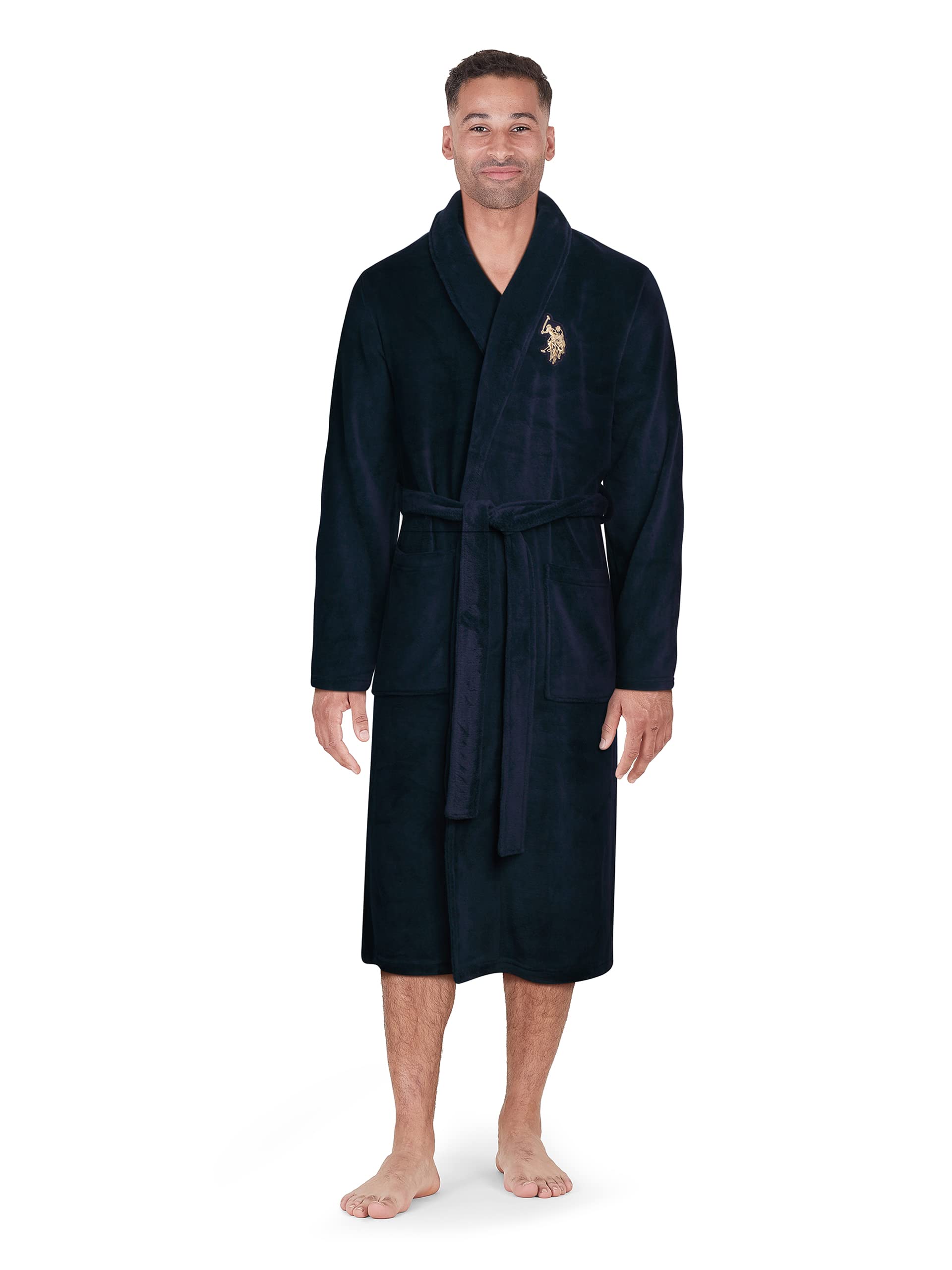 U.S. Polo Assn. Men's Bathrobe - Plush Fleece Robe with Shawl Collar, Size Large-X-Large, Maritime Blue