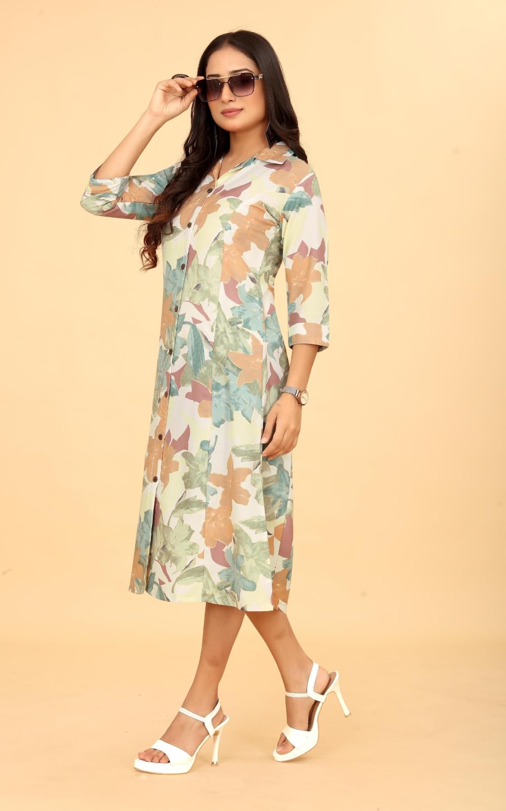 Kesudi A Line Dresses For Women Western Latest - Rayon Floral One Piece Dress For Women Long | Stylish Flared Shirt Knee Length