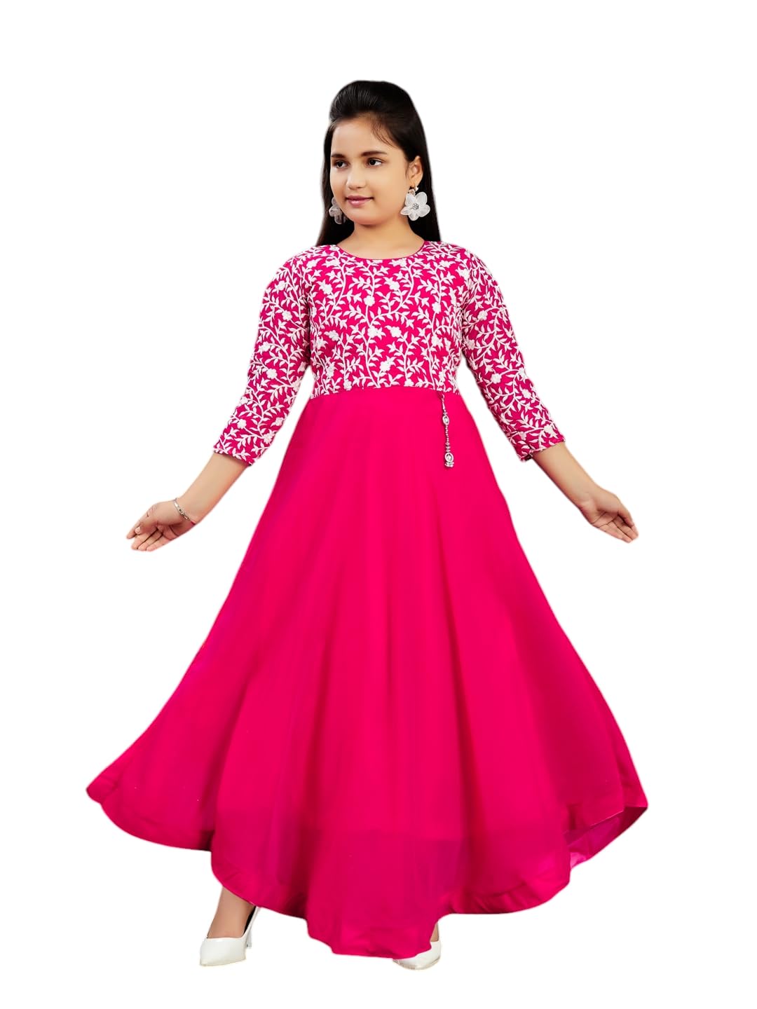 Aarika Girls Red Colour Chicken Embroidery Silk Gown (3-9 Years)