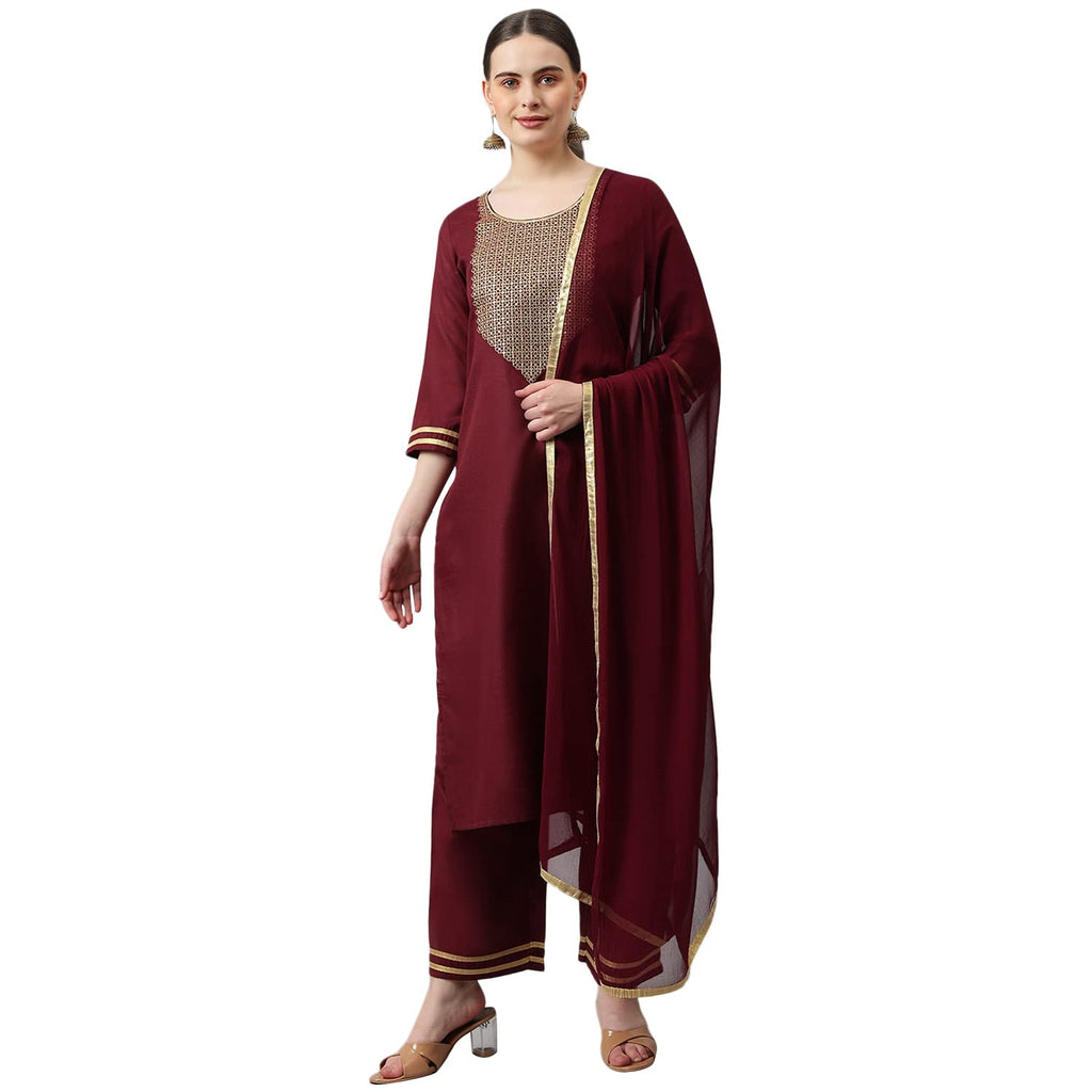 ANNI DESIGNER Women's Cotton Blend Straight Solid Kurta with Palazzo & Dupatta (Label-Nw Maroon_XXL_Maroon_XX-Large)
