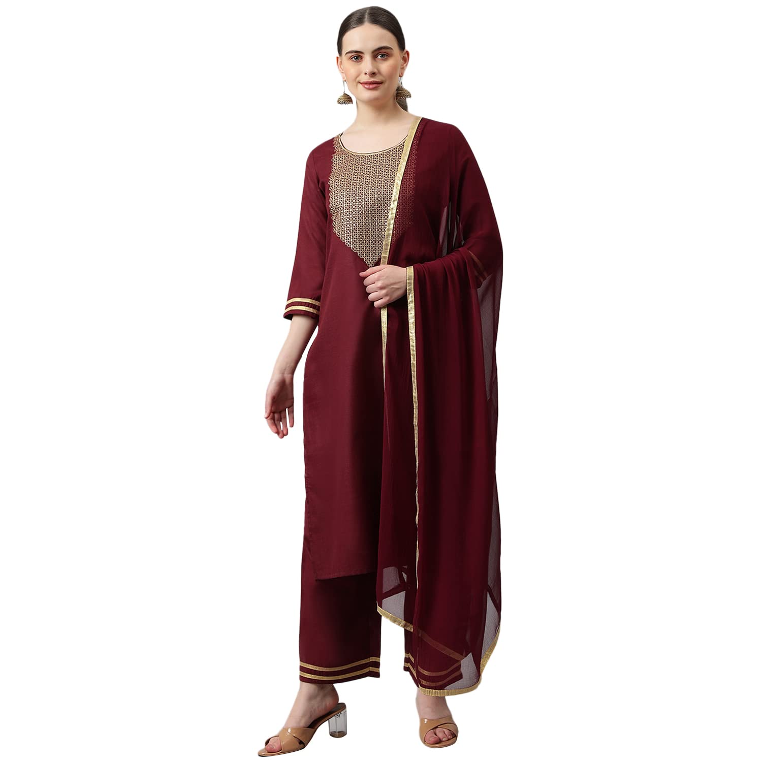 ANNI DESIGNER Women's Cotton Blend Straight Solid Kurta with Palazzo & Dupatta (Label-Nw Maroon_XXL_Maroon_XX-Large)